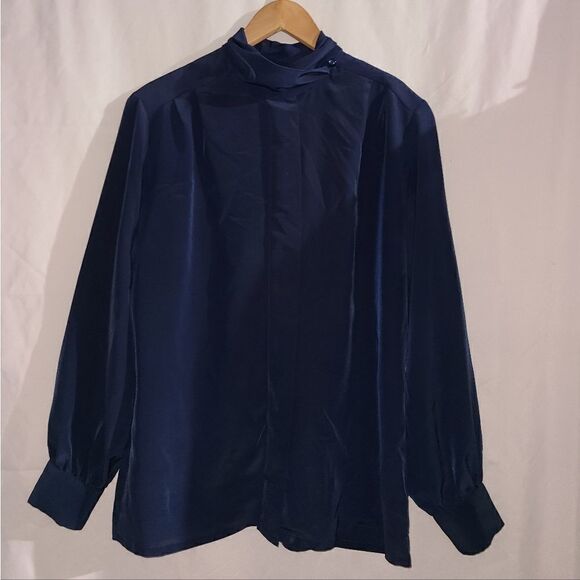 Blue Sophisticates By Pendleton Gatherd Draped high Neck Blouse - Picture 1 of 9